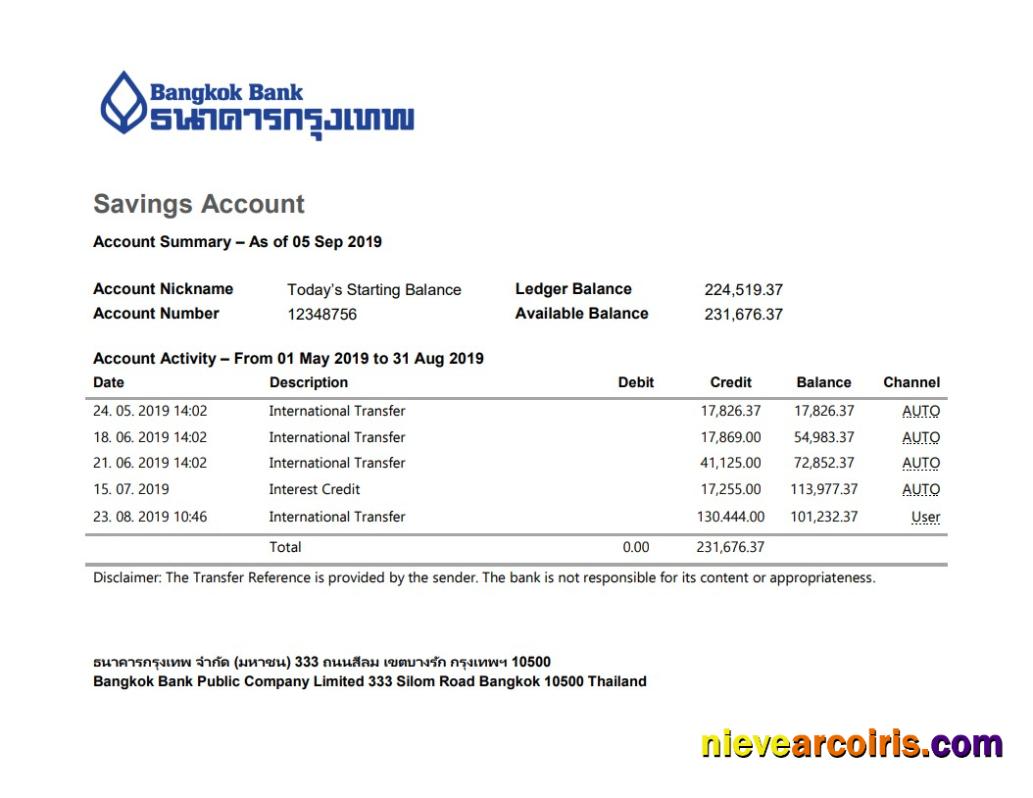 Thailand Bangkok Bank Savings Account statement in Word and PDF format